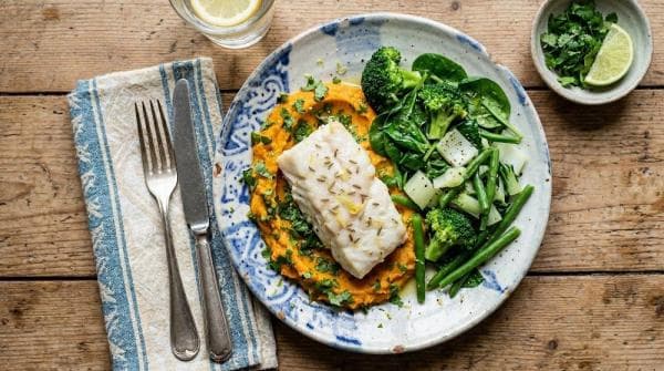 Koolvis met zoete aardappelpuree