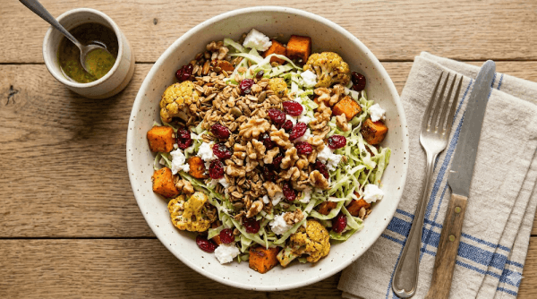 Zoete aardappel maaltijdsalade met walnoten 