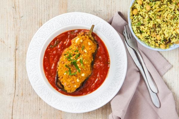 Gevulde aubergine met wilde rijst