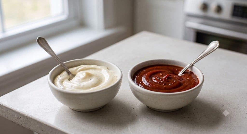 Romige vegan mayonnaise en pure ketchup